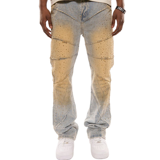 Embellished rhinestone denim pants