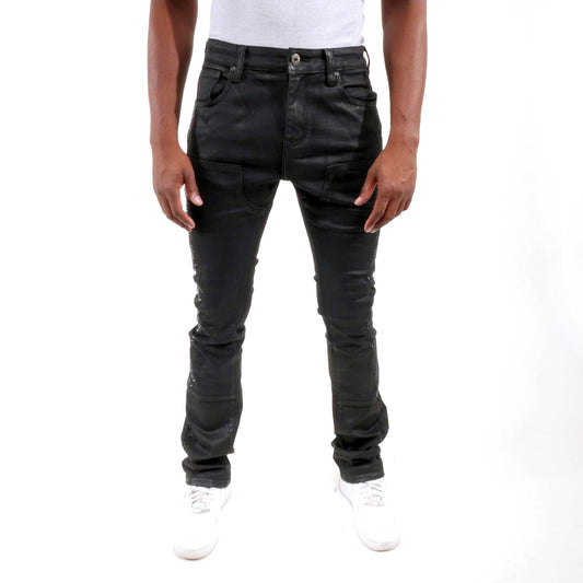 Embellished wax coated denim pant