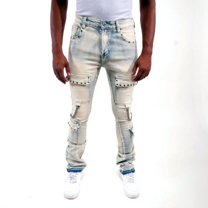 Flare fit denim pant w/ stone details + chains