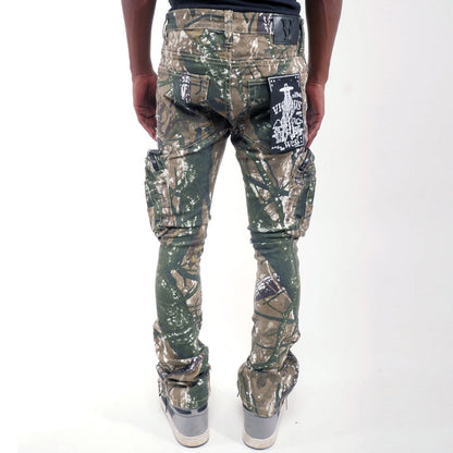 Brush camo cargo denim pant w/ side zipper details