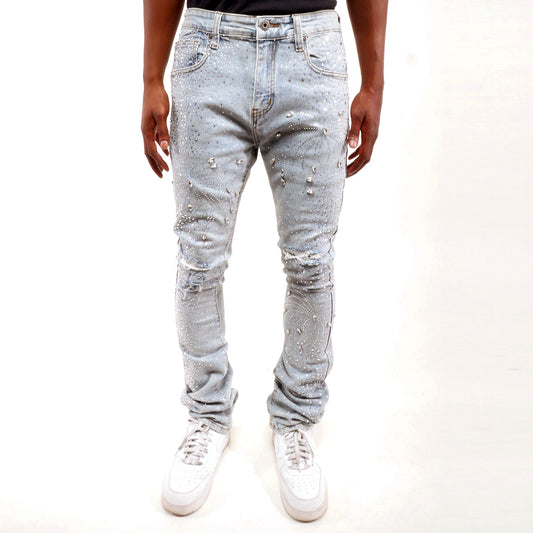 Embellished rhinestone denim flared pants