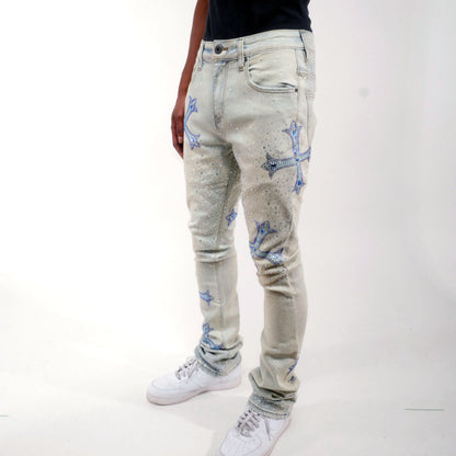 Embellished rhinestone flare denim pant