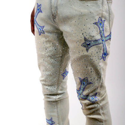Embellished rhinestone flare denim pant