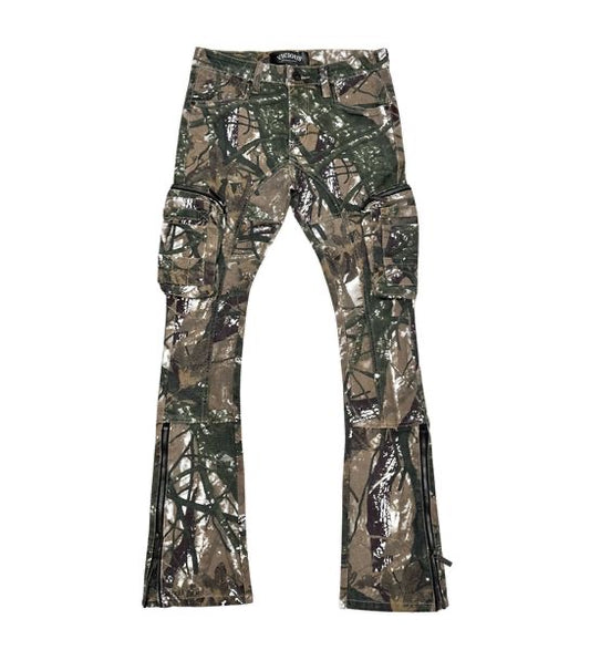 Brush camo cargo denim pant w/ side zipper details