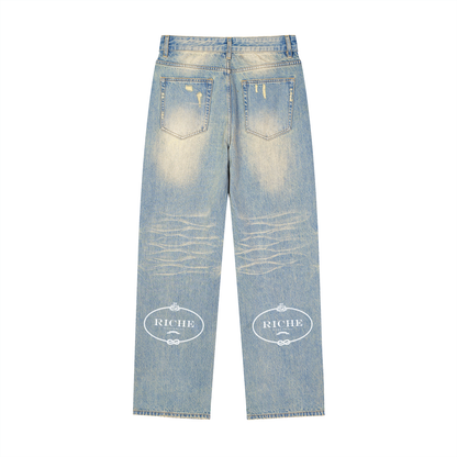Riche Sun Fade Raw Hem Denim Jeans