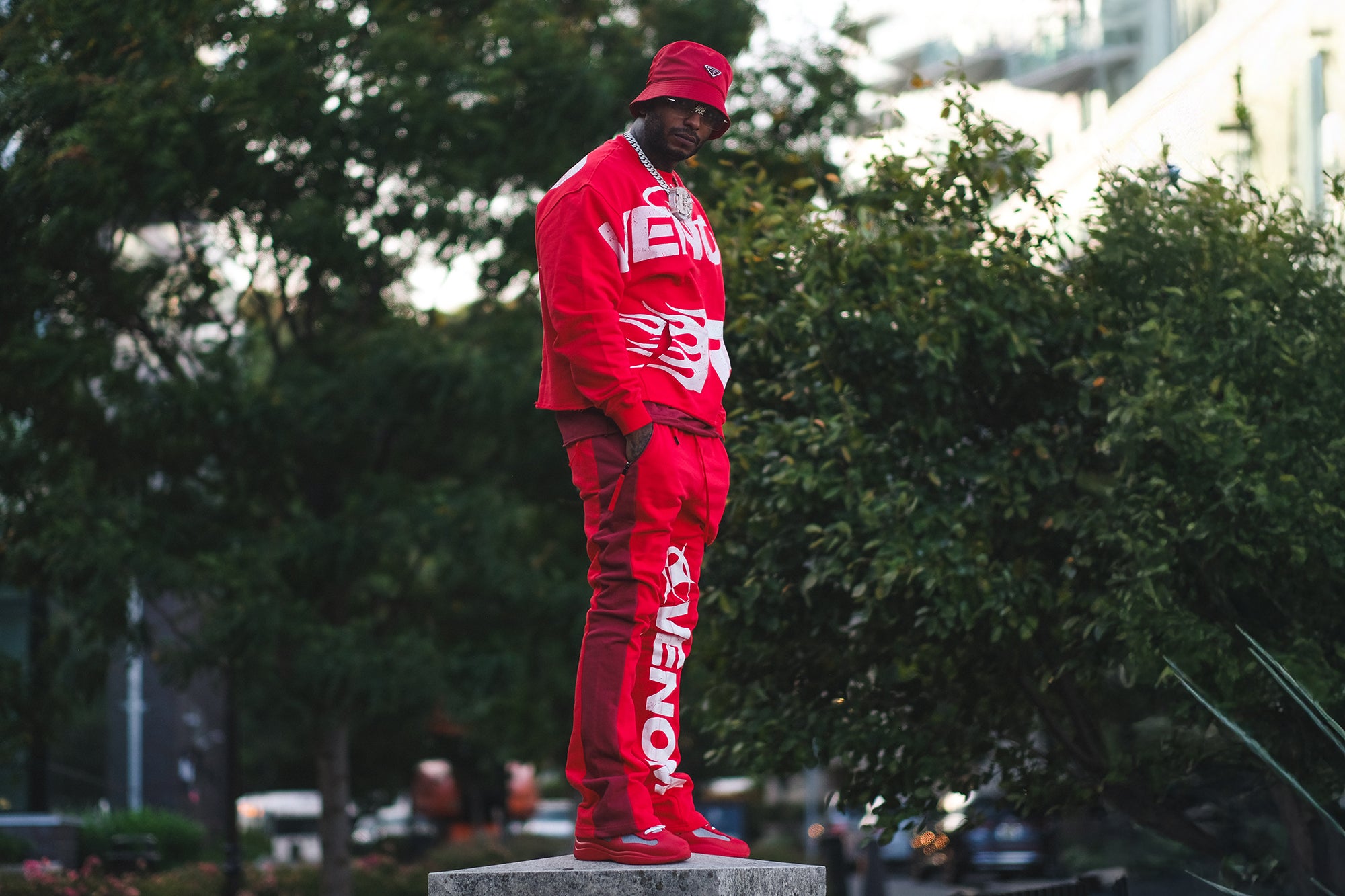 Men wearing a matching a red streetwear Matching Set : coordinated tops and bottoms for men and women