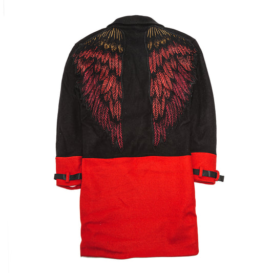 Embroidered wings shearling overcoat
